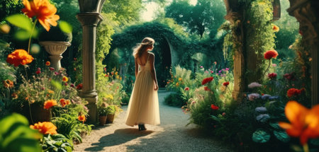 Beautiful girl in a long white dress walks through the garden.の素材