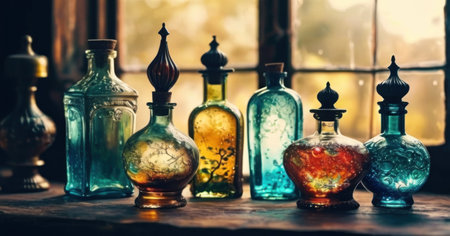 Colorful magic potions in vintage bottles on wooden table. Halloween conceptの素材