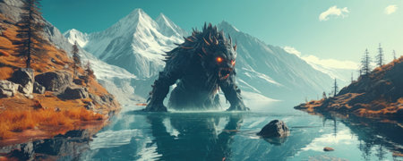 Fantasy alien planet. Mountain and lake. 3D illustration.の素材