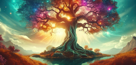 Fantasy landscape with old tree and lake. 3D illustration.の素材