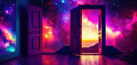 Opened door to the night sky. 3D rendering illustration.の素材