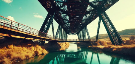 Railway bridge over the river at sunset. 3d rendering.の素材