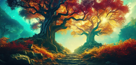 Fantasy landscape with old tree and path. 3d illustration.の素材
