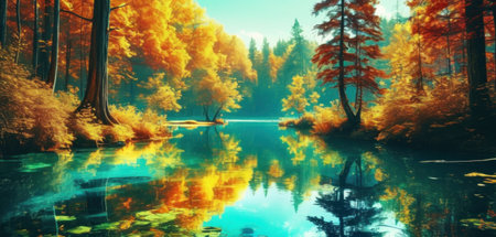 Autumn forest and lake with reflection in water. 3d renderの素材