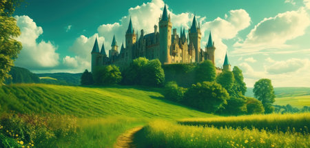 Magic castle on green meadow. Panoramic view. Fantasy landscape.の素材