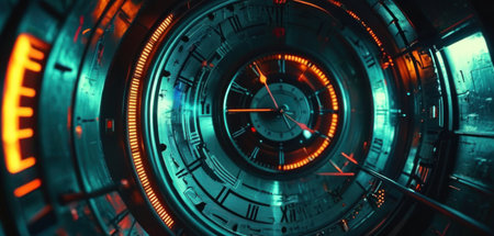 3D rendering of a futuristic speedometer in blue and orange lightsの素材