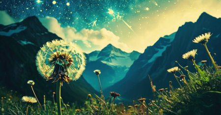 Dandelion on a background of mountains and the starry skyの素材