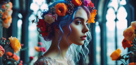 Beautiful young woman in a wreath of flowers on her headの素材