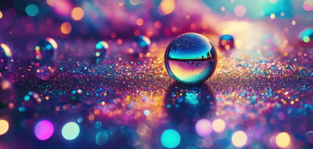 abstract multicolored bokeh background with water drops and reflectionの素材