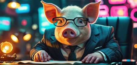 Funny pig in a business suit and glasses sits at the table and writes in a notebook.の素材