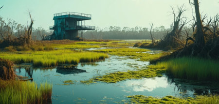 Panoramic view of the flooded rice fields in the morning.の素材