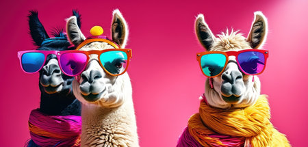Two funny llamas wearing colorful sunglasses and scarves on pink backgroundの素材