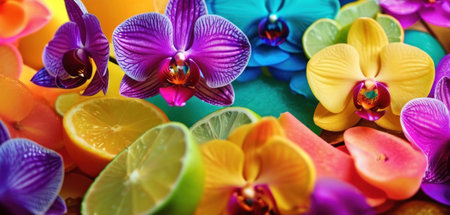colorful orchids and lemon slices on a colorful background close upの素材