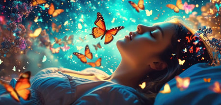 Young woman lying on bed with eyes closed and butterflies flying around herの素材