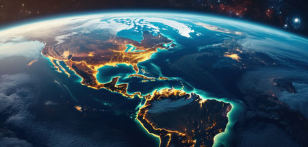 North America from space during sunrise with visible country borders. 3D illustration.の素材