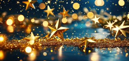 christmas background with golden stars and bokeh effect, 3d renderの素材