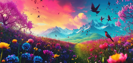 Beautiful spring landscape with flowers and birds. Panoramic viewの素材