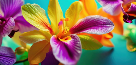 Colorful orchids on blue background. Close-up.の素材