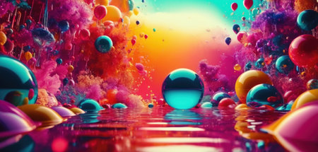 3d illustration of abstract background with colorful balls floating in water.の素材