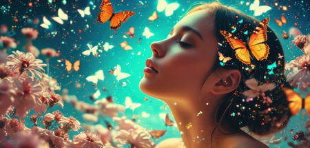 Beautiful young woman with butterfly on her face. Spring background.の素材