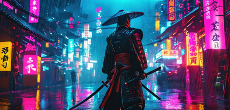 The cosplay figure of a Japanese samurai in the night.の素材