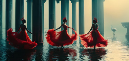 Two beautiful ballerinas in red dresses dancing in the water.の素材