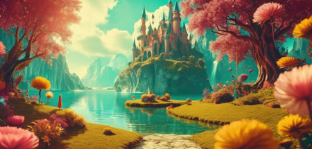 Fantasy landscape with fantasy castle and lake. 3d illustration.の素材