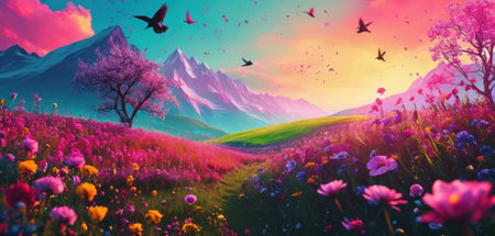 Beautiful spring landscape with blooming meadow, mountains, flowers and birdsの素材
