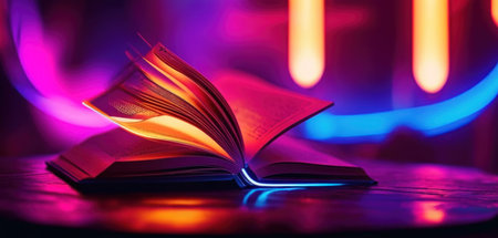 Open book on a dark background with a colorful bokeh.の素材