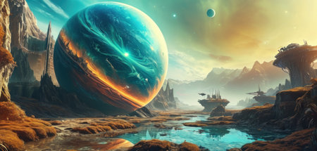 Fantasy alien planet in space. 3D illustration. Fantasy landscape.の素材