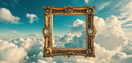 Golden picture frame against blue sky with white clouds. 3d renderingの素材
