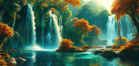 3d render of beautiful waterfall landscape with yellow trees and blue waterの素材