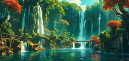 Waterfall in deep forest. Panoramic view. 3d renderingの素材