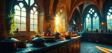 Ancient church interior with a lot of pots and pans on the tableの素材