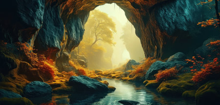 Fantasy landscape with a cave and a river. 3d renderingの素材