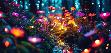 Fantasy flower garden at night with light and bokeh.の素材