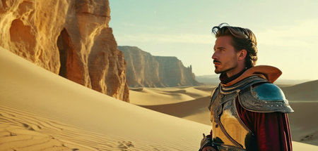 Side view portrait of a medieval knight in the middle of the desertの素材