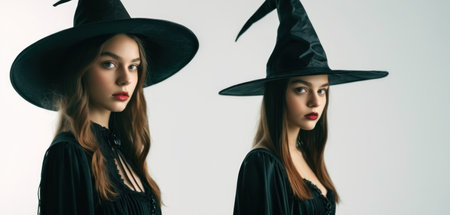 Two beautiful young women in black witch costumes posing on white background.の素材
