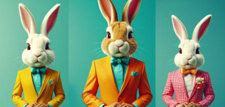 Creative collage of funny easter bunnies in yellow suit.の素材