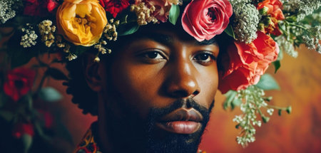 African american man with flowers wreath on head looking at cameraの素材