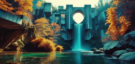 Fantasy landscape with waterfall and bridge. 3d render illustration.の素材