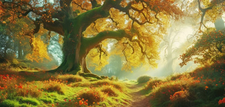 Autumn landscape with old oak trees and fog. 3d renderの素材