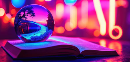 Magic crystal ball and open book on colorful bokeh background.の素材