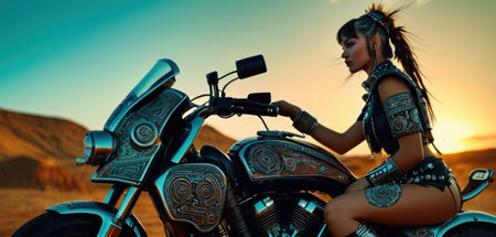 Beautiful biker girl on a motorcycle in the desert at sunsetの素材