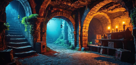 Fantasy night in the old city. 3d rendering, toned imageの素材