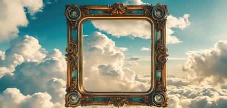 Vintage picture frame against blue sky with white clouds 3d renderingの素材