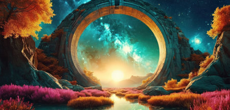 Fantasy landscape with fantasy portal to another world. 3d illustrationの素材
