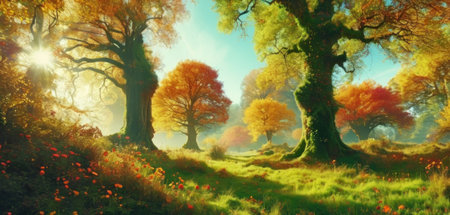 Autumn landscape with old oak trees in the meadow and sun.の素材