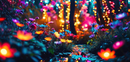 colorful flowers in the park at night with bokeh backgroundの素材