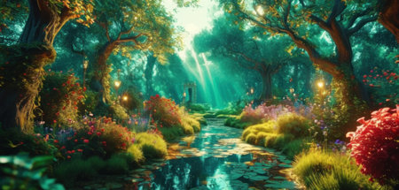 Fantasy landscape with magic waterfall in the forest. 3d renderingの素材